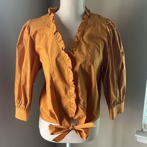 A loves A Gold Ruffle V Neck Tie Waist Blouse 3/4 Sleeve Size L $99